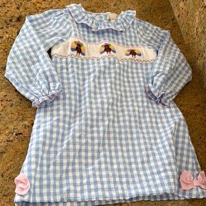 SMOCKINGBIRD Thanksgiving Blue and White Gingham Dress with Turkey Embroidery